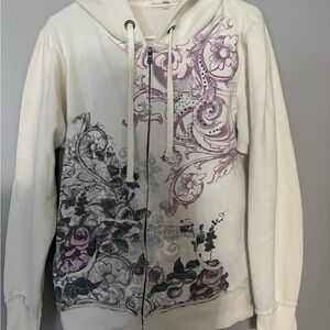 Floral Zip Hoodie - Cream with Pink & Black Accents